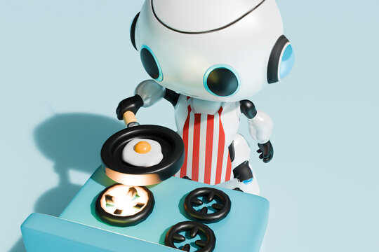 AI generated robot cooking egg in front of blue background