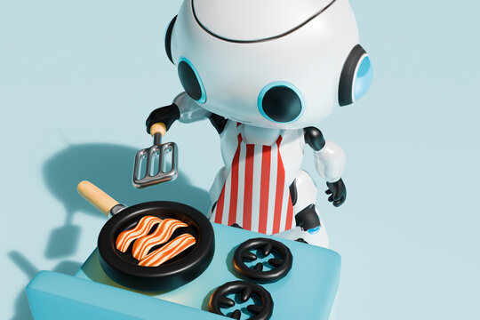 Robot cooking food in front of blue background