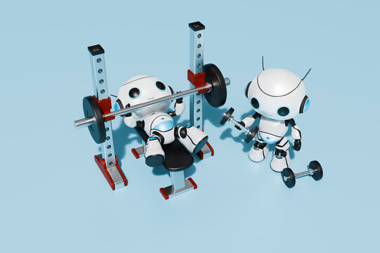 Robots performing weight lifting exercise in front of blue background