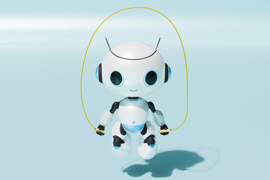Robot performing skipping in front of blue background