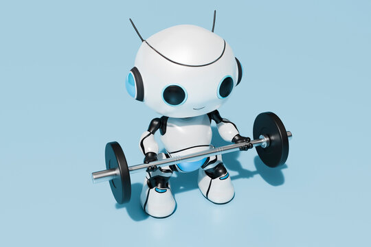 Robot performing weight lifting exercise in front of blue background