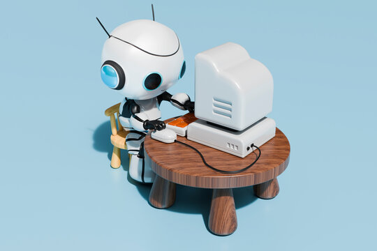 AI generated robot using desktop PC in front of blue background