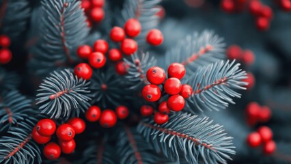 Close up of vibrant red berries on evergreen branches