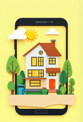 Naklejka premium Home energy efficiency concept on a smartphone, flat papercut style, with white tones