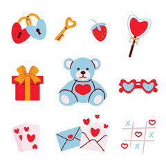 Valentine's Day icons set with bear, gift, love lettres, sunglasses, lock and key. Love symbols. Vector illustration