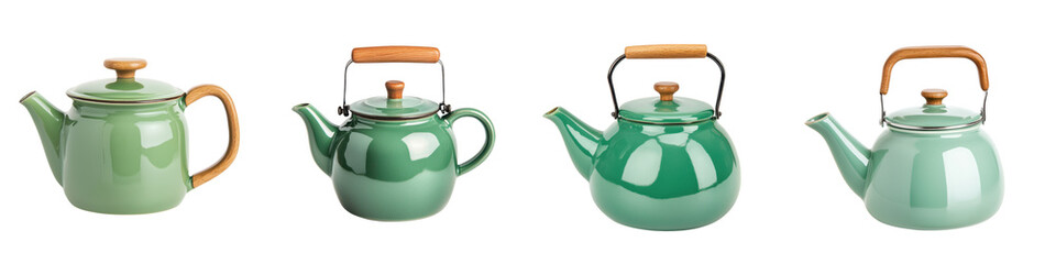 Vintage green ceramic teapots and kettles set on a stovetop ready to boil and serve warm beverages ...