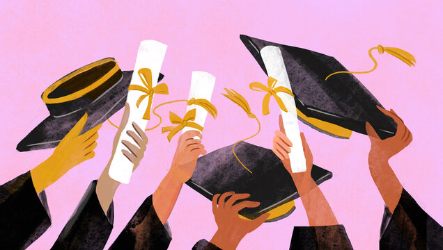 Illustration of hands holding diplomas and graduation caps against a pink background