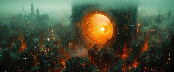 Fototapeta premium Futuristic Cityscape with Glowing Orb - Cyberpunk Metropolis