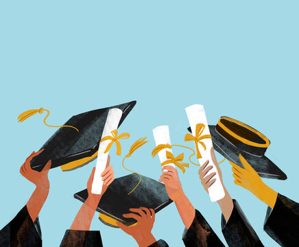 Illustration of students celebrating graduation with diplomas and hats raised