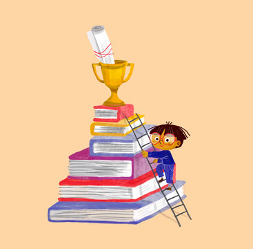 Illustration of a student climbing a ladder on a stack of books to reach a golden cup