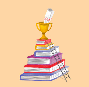 Illustration of a golden cup on a stack of books with a diploma and ladder symbolizing academic success