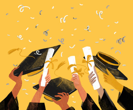 Illustration of hands holding graduation hats and diplomas with confetti on a yellow background