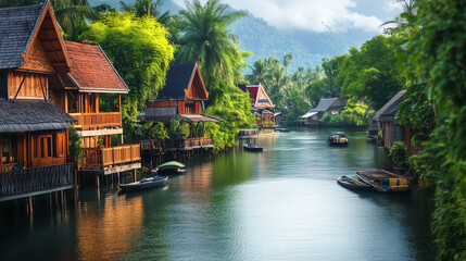 Obraz premium A river flowing through a village of wooden stilted homes