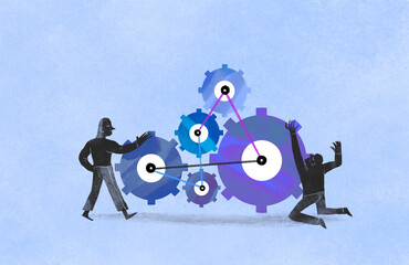 Illustration of people working together to set up a gear mechanism