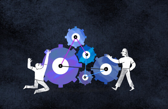 Illustration of people working together to set up a gear mechanism