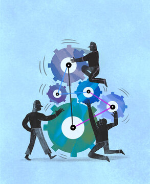 Illustration of workers collaborating to set up a gear mechanism