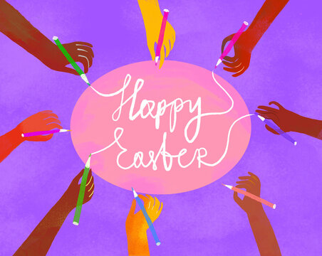 Illustration of hands decorating an Easter egg with pencils on a colorful background