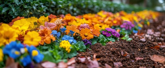 Vibrant Spring Flowerbed A Row of Colorful Primulas and Other Blooms