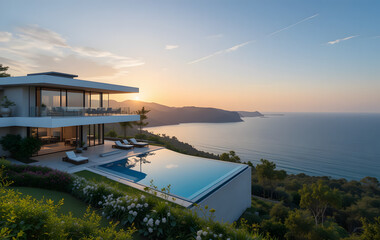 Fototapeta premium Perched on a hilltop with a wide-angle view of sparkling coastline and lush greenery, modern luxury villa with a swimming pool exudes opulence and tranquility, especially during golden hues of a sunse