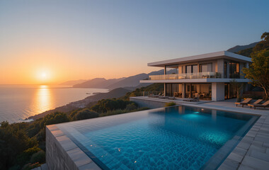Fototapeta premium Perched on a hilltop with a wide-angle view of sparkling coastline and lush greenery, modern luxury villa with a swimming pool exudes opulence and tranquility, especially during golden hues of a sunse