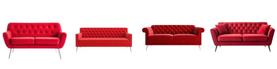 Collection of luxurious red velvet sofas and armchairs in a contemporary elegant living room setting  The tufted plush upholstery and sleek