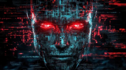 Futuristic Cybernetic Face with Glowing Red Eyes and Digital Code Overlay – Dark AI Technology Concept