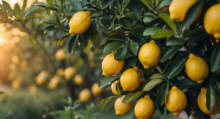Lemon Tree Foliage with Ripe Lemons in Golden Hour Light