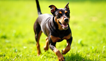 Energetic Doberman running joyfully across grassy field, playful spirit
