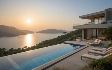 Fototapeta premium Perched on a hilltop with a wide-angle view of sparkling coastline and lush greenery, modern luxury villa with a swimming pool exudes opulence and tranquility, especially during golden hues of a sunse