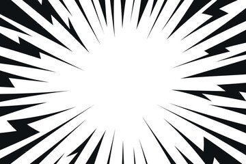 Black comic style lightning explosion background. Radial speed lines backdrop