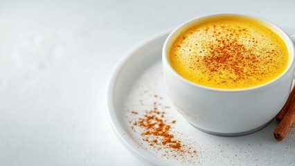 Warm cup of golden turmeric latte with cinnamon spice on cozy table