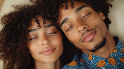Obraz premium Close-up of young african couple smiling peacefully with eyes closed. The 14th of February. Happy Valentine's Day