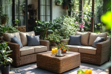 Fototapeta premium Outdoor four-piece furniture set with armchairs, coffee table, and cushions, surrounded by a garden with plants and flowers, under the sunlight in front of an urban house patio.
