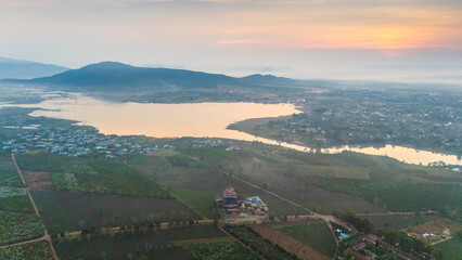 Aerial view of Bien Ho Che or Bien Ho tea fields, outside Pleiku city, Gia Lai province, Vietnam....
