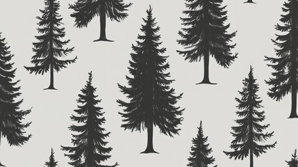 Seamless pattern of hand-drawn dark evergreen trees on a light gray background.