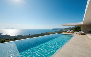 Fototapeta premium Perched on a hilltop with a wide-angle view of sparkling Mediterranean sea, this luxury villa boasts a spacious interior with modern furnishings and a sun-drenched outdoor area featuring a big swimmin