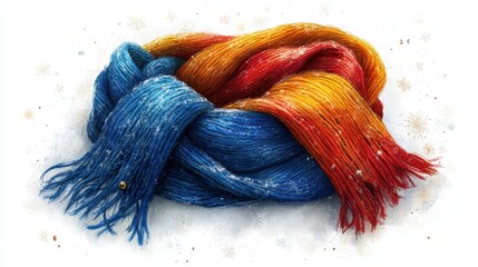 Warm winter scarf in blue, orange, and red, resting on snow.