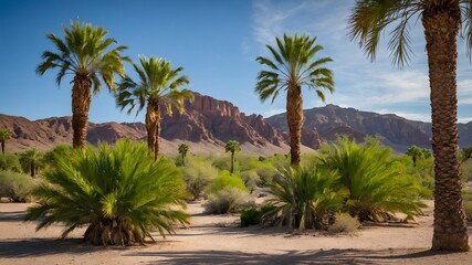 Natural Spring Oasis: Livistona Palms Growing Amidst the Arid Desert Sands