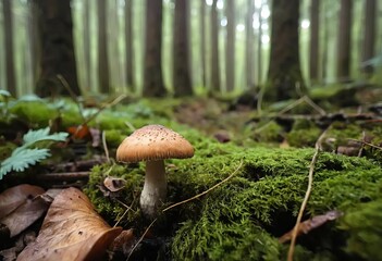 Fototapeta premium A close-up photo of a small mushroom in the forest surrounded by greenery