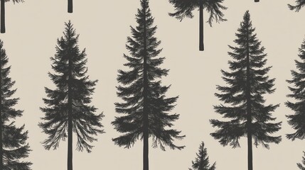 Seamless pattern of dark evergreen trees on beige background.