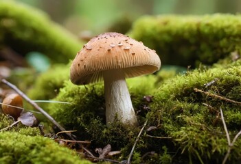 A close-up photo of a small mushroom in the forest surrounded by greenery