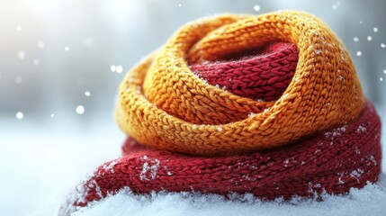 Warm knitted scarves in red and orange rolled on snow.