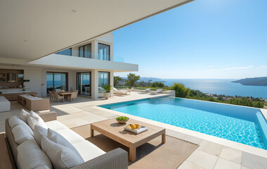 Fototapeta premium Perched on a hilltop with a wide-angle view of sparkling Mediterranean sea, this luxury villa boasts a spacious interior with modern furnishings and a sun-drenched outdoor area featuring a big swimmin