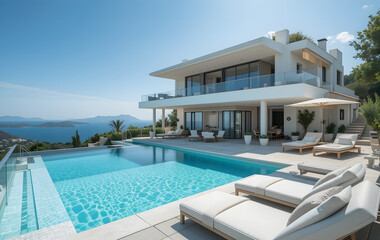 Perched on a hilltop with a wide-angle view of sparkling Mediterranean sea, this luxury villa boasts a spacious interior with modern furnishings and a sun-drenched outdoor area featuring a big swimmin