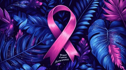 Vibrant pink ribbon for breast cancer awareness amidst lush blue foliage