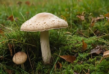 A close-up photo of a parasol mushroom in a grassy field