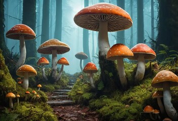 Fototapeta premium A digital illustration of a forest with giant mushrooms and a fairy flying above