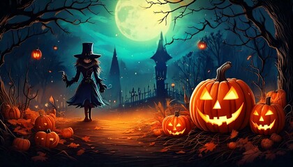 Fototapeta premium Eerie illustration of halloween day with bokeh and blur