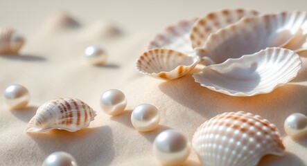 Elegant seashells and luminous pearls on sandy beach