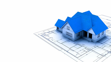 3D House Model on Blueprint Illustration